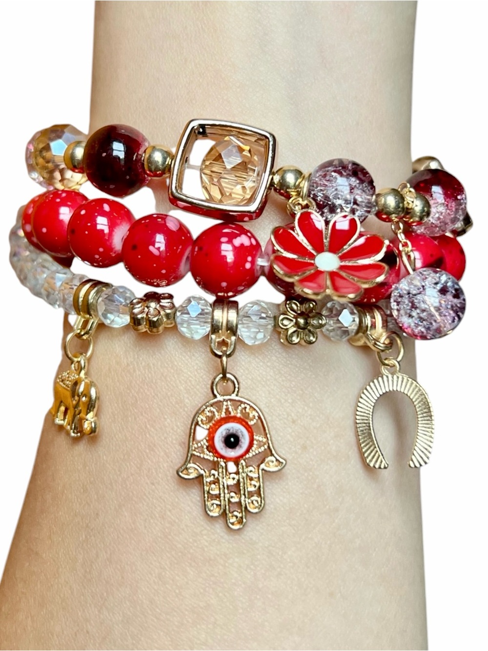 Red Hamsa Elephant Horseshoe Daisy Charm 3 Pieces Stretch Bracelet Set NWOT